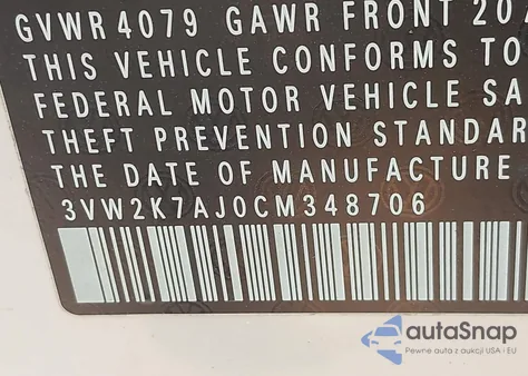 2012 Volkswagen Jetta 2.0L S z USA, uszkodzony, nr VIN 3VW2K7AJ0CM348706